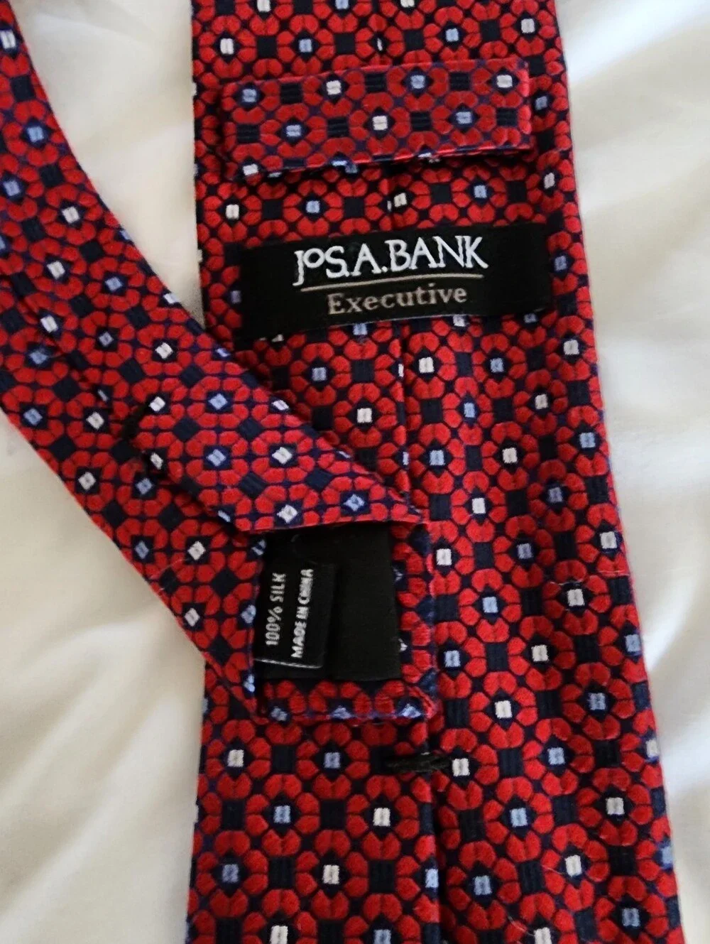 Jos. A. Bank Red Silk Geometric Necktie with Blue Accents